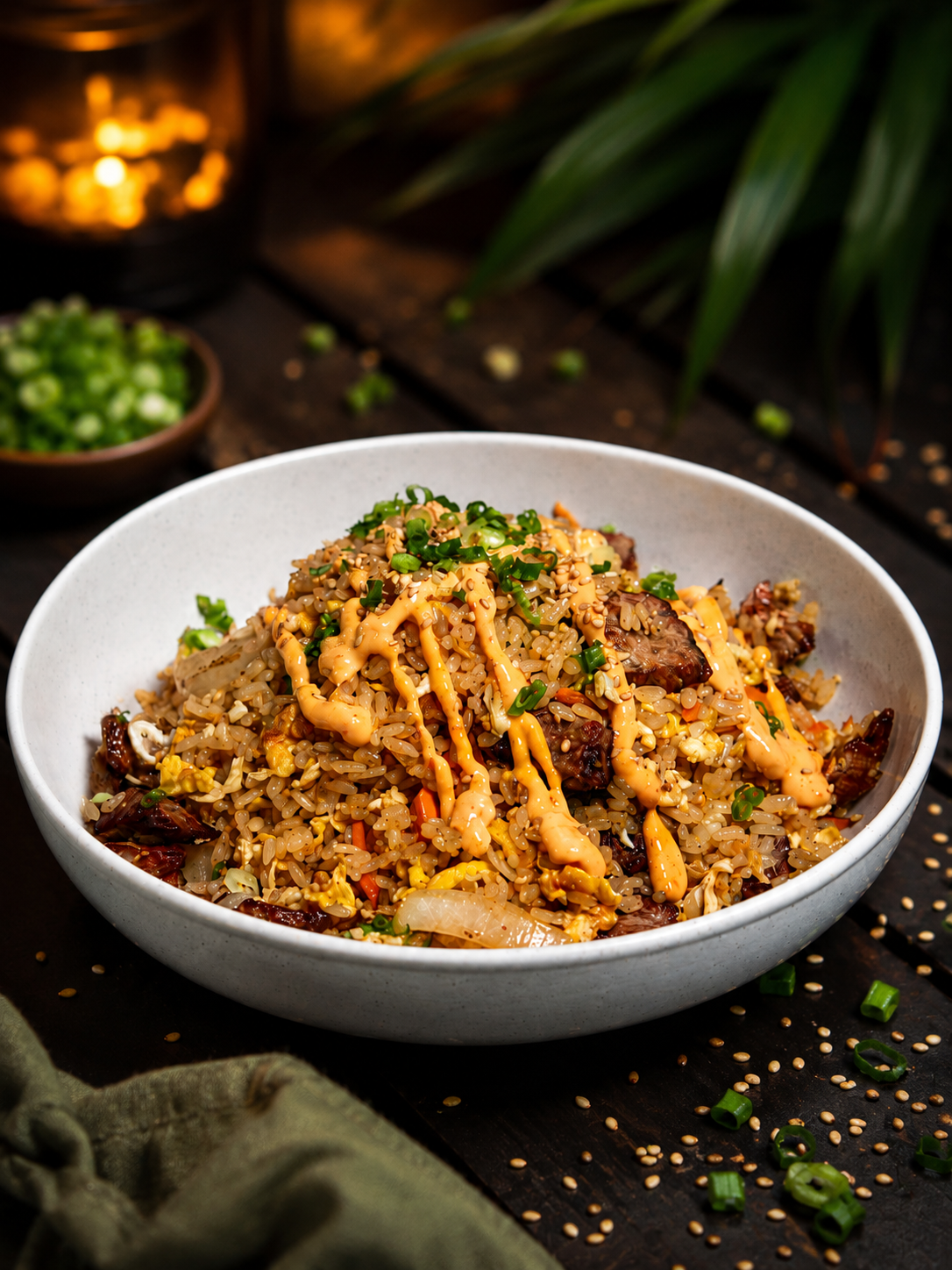 Arroz frito con carne y salsa picante
