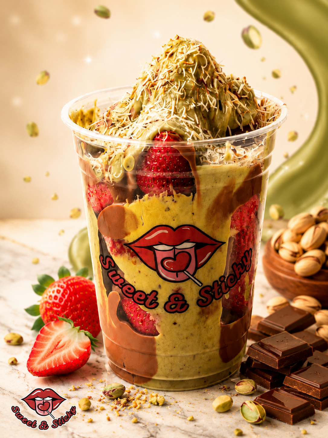 Postre Sweet & Sticky con pistacho y fresas